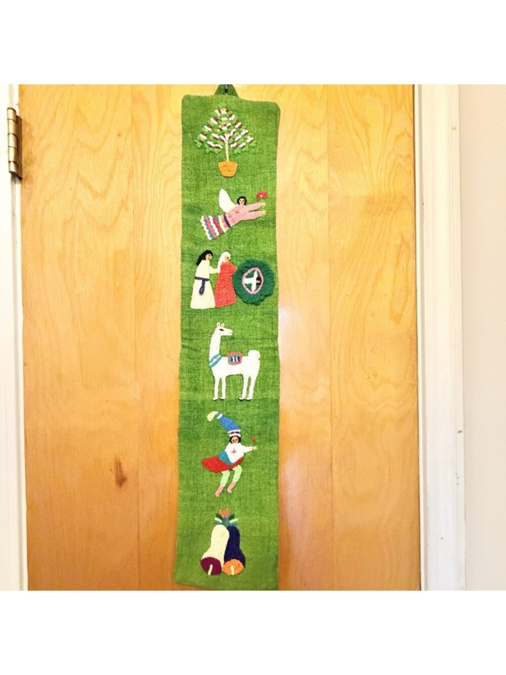 Peruvian Wool Embroidered Wall Hanging 28x6 Llama Angel Folk Art Boho Decor